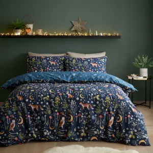 Catherine Lansfield Bedding Enchanted Twilight Animals Reversible Duvet Cover Set with Pillowcase Navy Blue