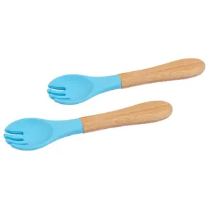 Bamboo Baby Weaning Forks with Silicone Tip - Blue - Pack of 2