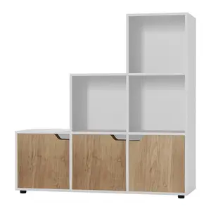 URBNLIVING Height 90.5cm 6 Cube Step Storage White Bookcase and Oak Doors for Home Office Organizer Display Shelf Unit