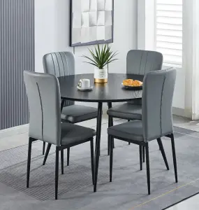 Hallowood Furniture Cullompton Large Black Round Dining Table 120cm with 4 Light Grey Faux Leather Chairs