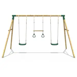 Rebo Wooden Garden Swing Set with 2 Swings and Trapeze Bar - Comet Green