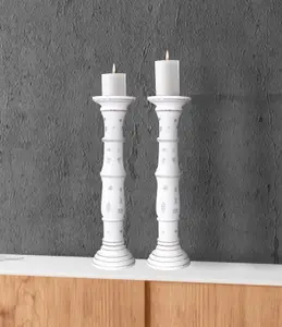 SET OF 2 Rustic Antique Carved Wooden Pillar Church Candle Holder, Antique White,Extra Large 45cm