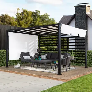 Sunjoy Pergola OETA - 372cm x 304cm Steel With Adjust Shade And Slat Screen