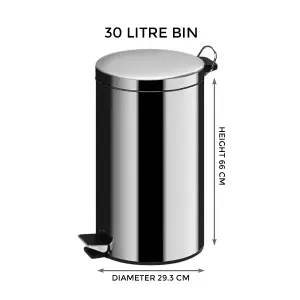 30L Stainless Steel Pedal Bin Silver Rubbish Bin for Kitchen, Bathroom & Toilet