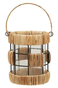 Interiors by Premier Natural Rattan Small Lantern, Rustic and Stylish Glass Lantern, Black Metal and Clear Glass Candle Lantern