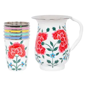 BillyCan Hand-Painted Picnic Water Jug with 300ml Multicolour Cups - 1.7L - Cotton Peony