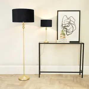 ValueLights Maggie Gold Candlestick Floor Lamp with Black Velvet Lamp Shade and LED Bulb