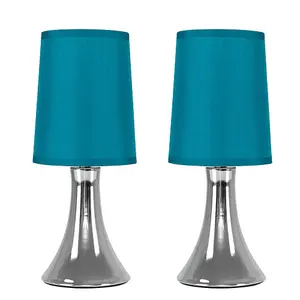 ValueLights Pair of - Small Chrome Touch Table Lamps with Teal Fabric Shades With 5w LED Dimmable Candle Bulbs In Warm White