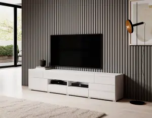 Minimalist Toledo 40 TV Cabinet 208cm - Pure White Gloss: Sleek Storage Solution for Contemporary Living Spaces