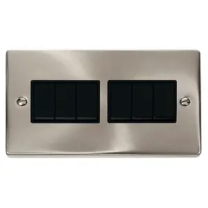 Satin / Brushed Chrome 10A 6 Gang 2 Way Light Switch - Black Trim - SE Home