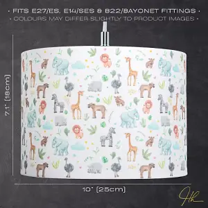 Safari Themed White Cotton Lamp Shade with Hand Drawn Pastel Coloured Animals