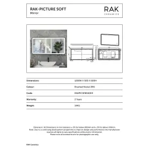 RAK Picture Soft 600x1200mm Brushed Nickel Square with Touch Sensor Illuminated Mirror IP44