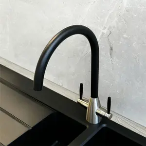 Liquida LB01BL Swan Neck Twin Lever Brushed Steel and Black Kitchen Tap