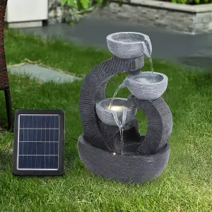 Outdoor Solar Powered 3 Bowls Water Fountain Rockery Decor with Warm Light