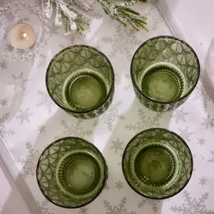 Set of 4 Vintage Luxury Green Trailing Leaf Drinking Tall Tumbler Glasses 450ml