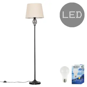 ValueLights Memphis Traditional Style Black Barley Twist Floor Lamp with Beige Tapered Light Shade - with LED GLS Bulb