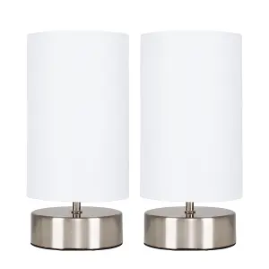 ValueLights Pair Of Satin Touch Dimmer Bedside Table Lamps With Pink Cylinder Light Shades