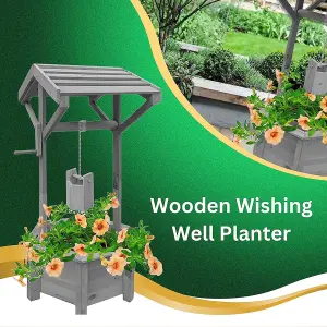 AAMEN Wooden Wishing Wells for Outdoors with Hanging Bucket, Flower Pot