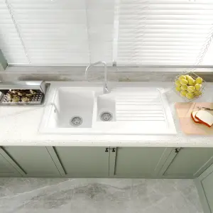 Fireclay Kitchen Drop In Sink - 1.5 Bowls & Grooved Draining Area (Wastes Sold Separately) - White - 1010mm x 525mm - Balterley