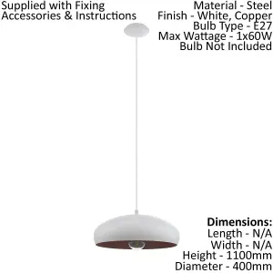 Pendant Ceiling Light Modern Colour White & Copper Coloured Steel Bulb E27 1x60W