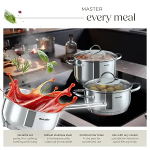 Saucepan Set Bologna - 4 stainless steel pots, 3 glass lids, induction safe & incl. measuring lines - silver