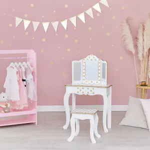 Teamson Kids Dressing Table, Play Vanity Set with LED Mirror Light & Stool - White/Gold/Polka Dots