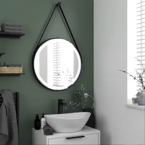 Keenware KBM-348 Aurora Round LED Black Framed Bathroom Mirror With Hook & Loop