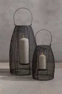 Interiors by Premier Small Black Lantern, Iron Wireframe Black Candle Holder, Indoor & Outdoor Glass Shade Candle Holder