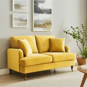 Brigette 2-Seater Mustard Velvet Sofa With Antique Brass Castor Legs - Daals - Sofas