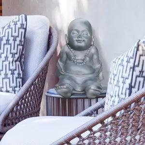 IDEALIST™ Buddha Statue 10.2 Inch Tall, Grey Reinforced Stone Relaxing Baby Monk Figurine for Home and Garden L31 W22.5 H26 cm