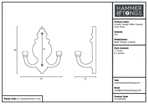 Hammer & Tongs - Ornate Double White Ceramic Coat Hook - W100mm x H115mm - Black