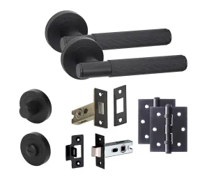 Linear T-Bar Bathroom Door Handle Set Thumbturn and Dead Bolt BB Hinges Matt Black