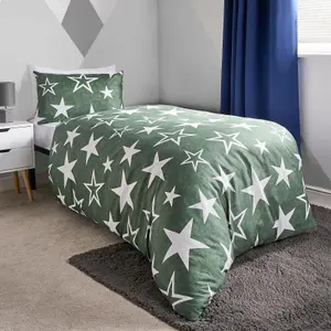 Duvet Cover Set Reversible 2 x Star Quilt Pillowcases, Navy/Green - Junior