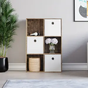 Vida Designs Durham Dark Wood 2x3 Cube Storage Unit & Set of 3 White Foldable Cube Storage Baskets