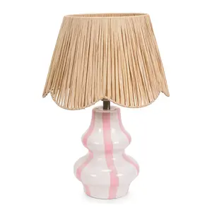 ValueLights Perrie Blush Pink Ceramic Pin Stripe Bedside Table Lamp with Raffia Shade - LED Bulb Included