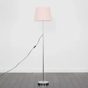 ValueLights Modern Standard Floor Lamp In Polished Chrome Metal Finish With Pink Tapered Shade With 6w LED GLS Bulbs In Warm White