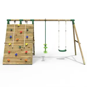 Rebo Beat The Wall Wooden Swing Set with Double up & Over Climbing Wall -Peak