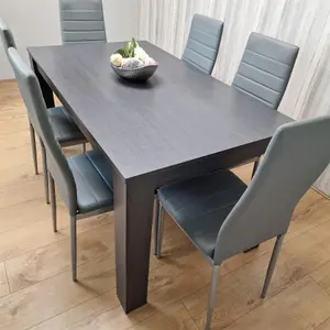 Dining Table and 6 Chairs  Black Dark Grey 6 Grey Leather Chairs Wood Dining Set Furniture