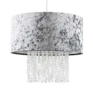 ValueLights Boland Silver Velvet Cylinder Ceiling Pendant Light Shade with Clear Acrylic Droplets