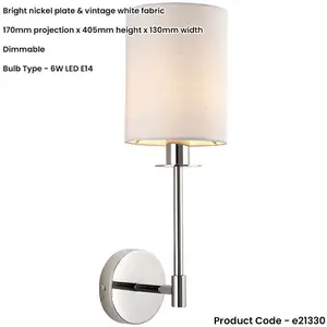 Polished Nickel Dimmable Wall Light - Modern Vintage White Cylinder Shade - 6W LED E14