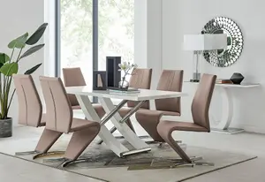 Furniturebox UK 6 Seater Dining Set - Mayfair High Gloss White Chrome Dining Table and Chairs - 6 Beige Faux Leather Willow Chairs