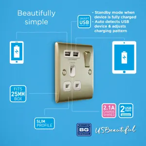 BG Nickel Single 13A Raised slim Switched Screwed Socket with USB, x2 & White inserts