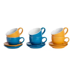 Argon Tableware - Coloured Cappuccino Cup & Saucer Set - 250ml - 12pc - Blue/Yellow