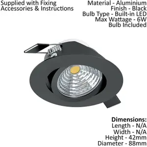 Wall / Ceiling Flush Downlight Black Aluminium 6W Built in LED 88mm Round