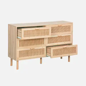 sweeek. 6-drawer chest with cane and wooden effect Camargue Natural 120x40x80 cm