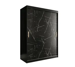 Elegant Black Geneva T Sliding Door Wardrobe W1500mm H2000mm D620mm - Sleek Design, Gold Handles, Ample Storage