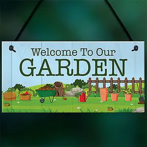 Red Ocean Welcome To Our Garden Sign Hanging Wall Door Shed Sign Gift For Him Her Home Decor Garden Plaques