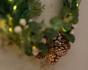 Hanging Pre-Lit Wreath with Pinecones & Sage