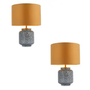 2 PACK Cobalt Glass Base Table Lamp Light & Gold Fabric Shade - Antique Brass