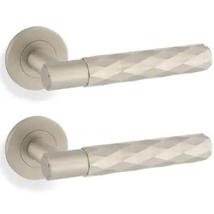 2 PACK - PAIR Diamond Lever on Round Rose Door Handle - Satin Nickel Concealed Screw